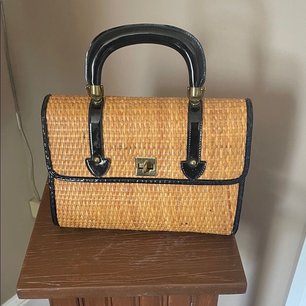 Vintage Woven Straw Top-Handle Bag with Black Trim